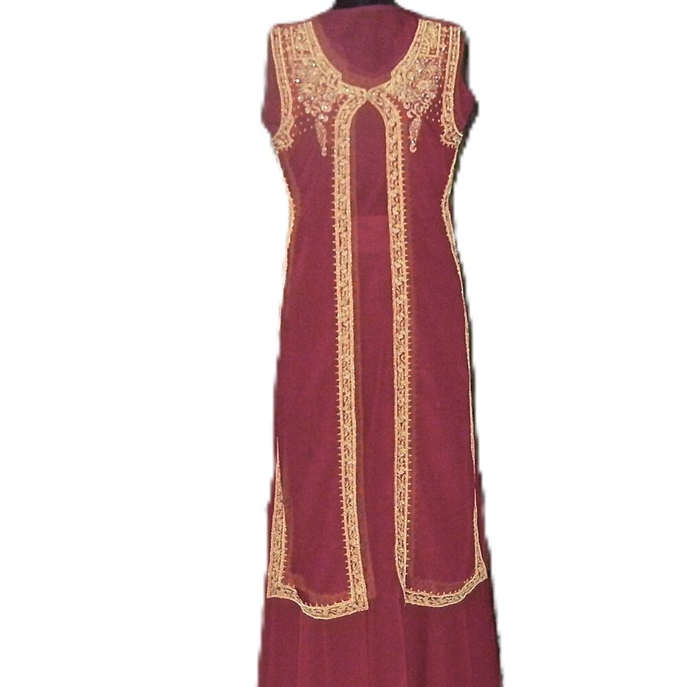 Vintage 1970's 80's 4pc LEHENGA CHOLI Deep Red Gold Embroidery Crystal Medium?